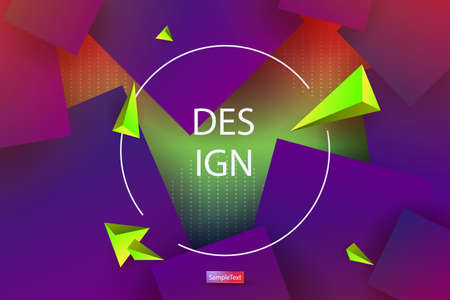Geometric background with color gradient, blue squares and green triangles, round frame