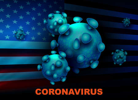 Dark blue design with abstract silhouette of the USA flag and elements of coronavirus. Prevention of viral infections.のイラスト素材