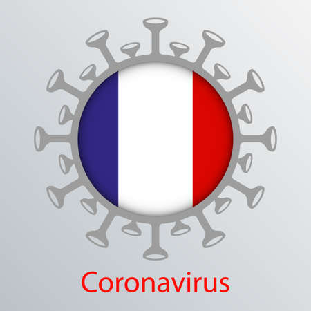 Round sign with the silhouette of the flag of France, an infected country and the abstract silhouette of the element of coronavirus.   Prevention of viral infections.のイラスト素材
