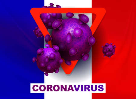 Flag of France with prohibiting red sign, abstract silhouette of coronavirus elements. Sign of coronavirus COVID-2019.のイラスト素材