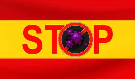 Design with Spain flag silhouette, stop text and abstract coronavirus element silhouette. Asian flu symbol. Prevention of viral infections.のイラスト素材