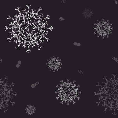 Black seamless background with light abstract silhouettes of coronavirus elementsのイラスト素材