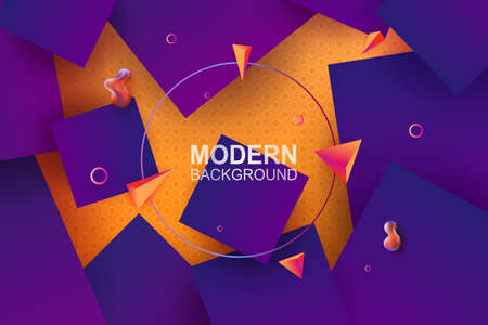 Yellow composition, silhouettes of squares in blue with a gradient and shadow, round frame.
