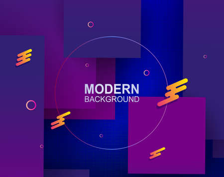 Blue design with squares with a gradient of blue and purple hues, round frame with rings and abstract geometric shapesのイラスト素材