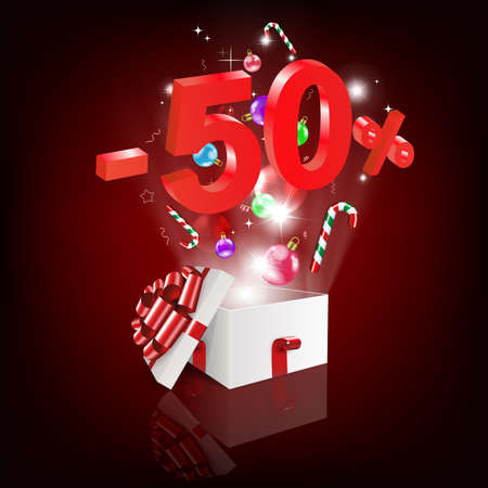 Christmas composition of red dark shade white open box, Christmas balls and toysのイラスト素材