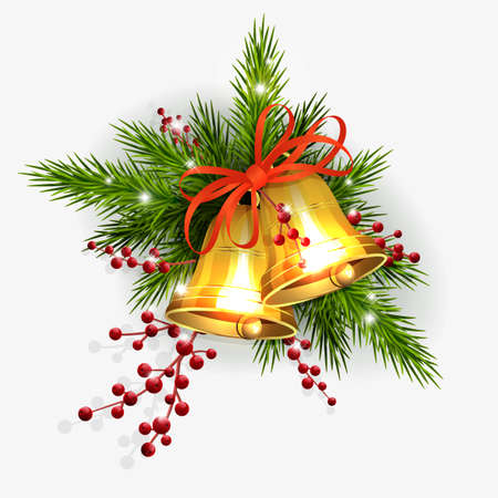 Element of Christmas composition. Golden shiny bells with a bow on a green branch of spruce, red berriesのイラスト素材