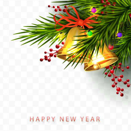Element of the Christmas composition golden shiny bells, green spruce branch, red berries, burning colorful lanternsのイラスト素材