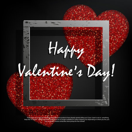 Black composition, textured square frame in gray shade, ribbed red heartsのイラスト素材
