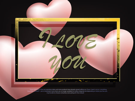 Black design, textured square frame in gold color, light pink hearts with gradientのイラスト素材