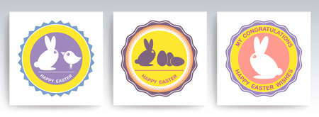 Easter set of round signs with abstract silhouettes of a rabbit and a bird