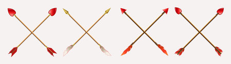 Arrows drawn with a cross obliquely, gold and red tips with feathersのイラスト素材