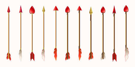 Set of arrows, gold and red tips with feathers