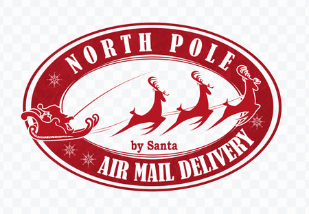 Isolated Christmas red oval stamp, merry Santa Claus is racing on his reindeer.のイラスト素材