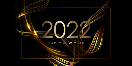 Happy new year 2022, christmas abstract black illustration with winding stripes in gold color,のイラスト素材