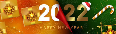 2022, Christmas design with gift boxes with bow, page flip with shiny mosaic.