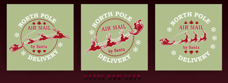 Christmas print set with silhouette of Santa Claus on reindeer, design element.のイラスト素材