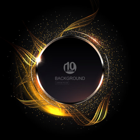 Black illustration with a round frame with shiny edging and mosaics, golden wave patterns, small tinsel.のイラスト素材