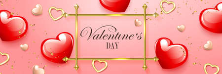 Valentine day, red composition with rectangular golden frame and set of hearts.のイラスト素材