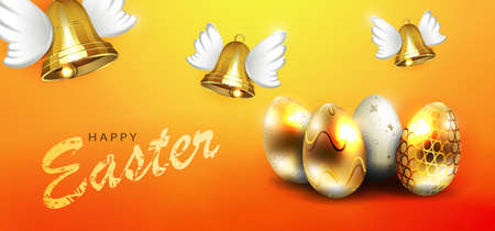 Orange illustration with easter eggs and golden colored bellsのイラスト素材