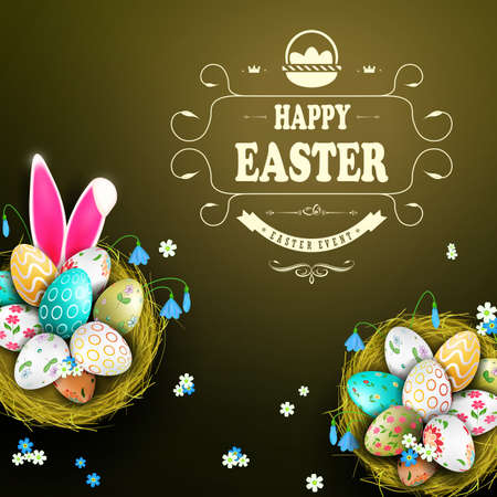 Easter card with nests and eggs, bunny ears with flowersのイラスト素材