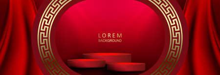 Red texture composition with stage, oval frame with golden color pattern.のイラスト素材
