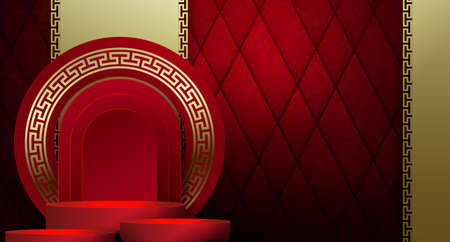 Dark red gradient background with a stage and round frames with a golden border.のイラスト素材