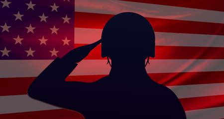 Illustration with the outline of a soldier on the background of the American flag.のイラスト素材