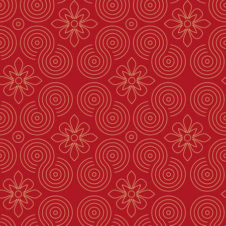 Seamless red background with yellow wavy pattern and flowers.のイラスト素材