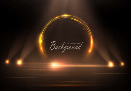 Round golden frame on a brown background with rays of light and bright glitterのイラスト素材