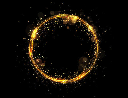 Round isolated gold color frame with small tinsel and glitter on black designのイラスト素材