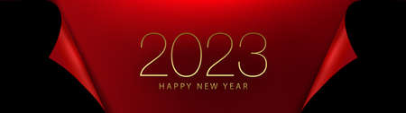 Red and black greeting card with curved curtains, Happy New Year 2023