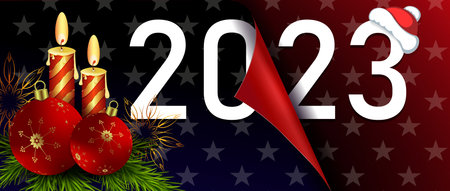 Happy new year 2023, christmas composition folded sheet with stars, burning candles