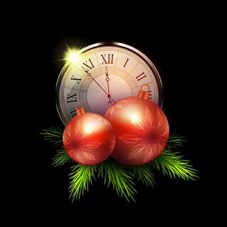 Christmas isolated design element, clock with balls on black background.のイラスト素材