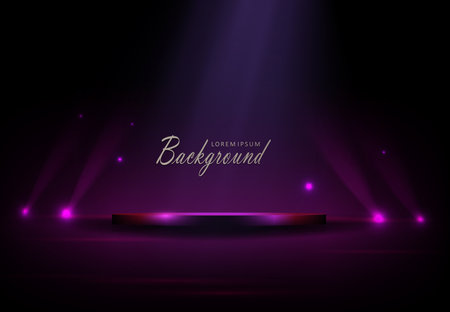 Dark purple composition with a round podium and bright spotlights.のイラスト素材