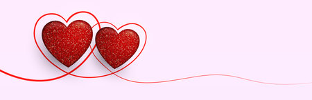 Illustration with Valentine's Day, two red textural hearts.