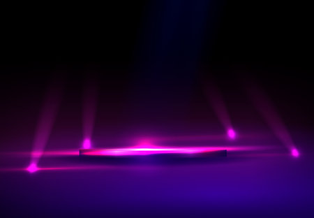 Dark blue illustration with a round podium and dim rays of lightのイラスト素材