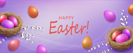 Violet composition with Easter eggs in the nest, willow branchesのイラスト素材