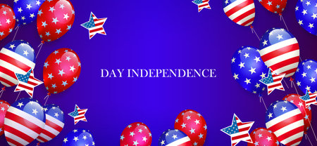 Hot air balloon illustration with american flag symbols on a blue backgroundのイラスト素材