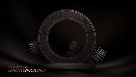 Podium with a round frame with a border on a dark background.のイラスト素材