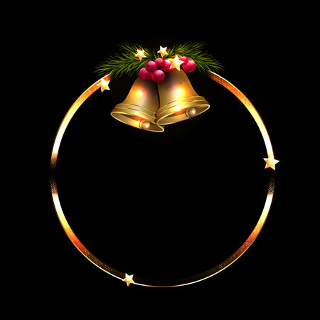 Isolated golden wreath with bluebells, red berries on a black background.のイラスト素材