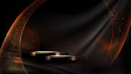 Golden waves with on a black background, round podium isolated.のイラスト素材