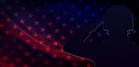 Banner with soldier silhouette, USA flag on dark background.のイラスト素材