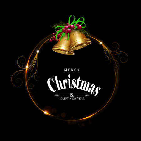 Isolated round gold wreath with bow and bells,Christmas illustration.のイラスト素材