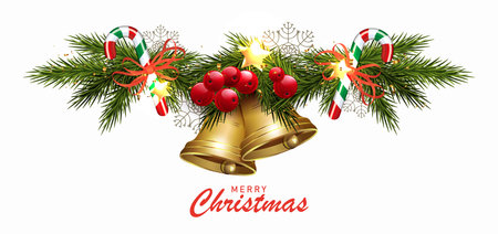 Isolated fir garland with golden shiny bells,design element.のイラスト素材