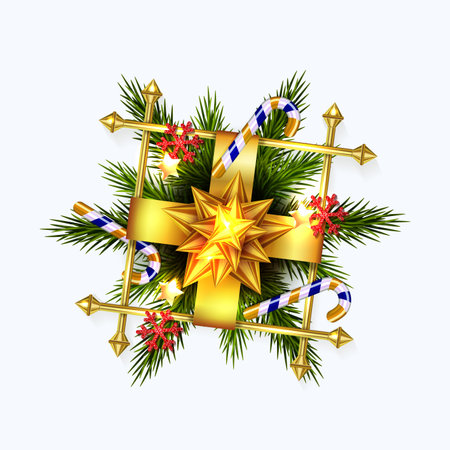 Christmas wreath with golden frame, isolated design element.のイラスト素材