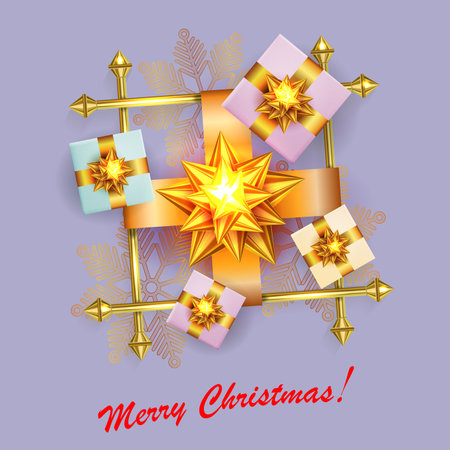 Christmas isolated element, bright golden square frame with gift boxes.のイラスト素材