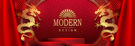 Chinese New Year, texture red illustration with scene and golden dragons.のイラスト素材