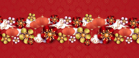 Floral isolated garland with clouds and balloons on red design.のイラスト素材