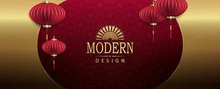 Chinese New Year, texture red illustration with oval frame and air lanternsのイラスト素材