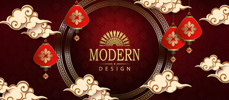 Textured red illustration with round frame, lanterns on pendants in paper art styleのイラスト素材